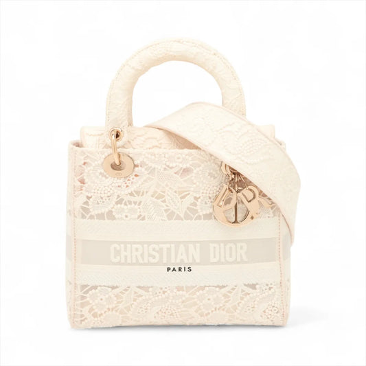 Christian Dior Lady D-Lite Medium Embroided Lace Two-Way Handbag White