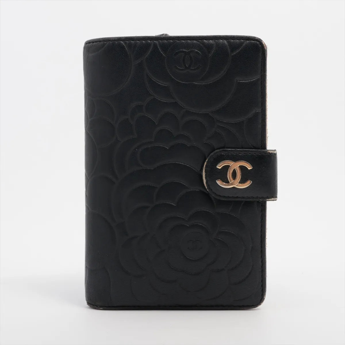 Chanel CC Logo Camelia Leather Compact Wallet Black
