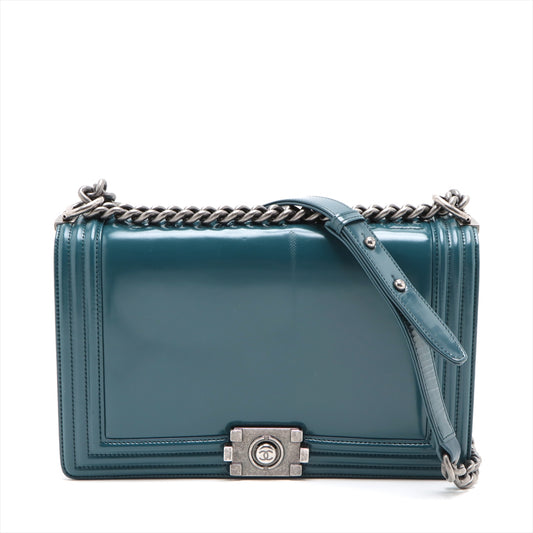 Chanel Boy 28 Large Patent Leather Chain Shoulder Bag Blue Green