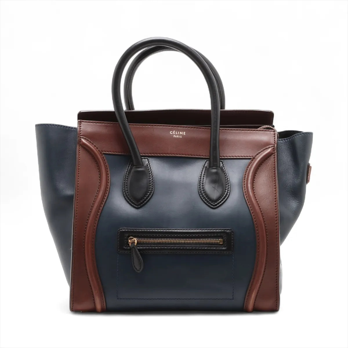 Celine Luggage Mini Shopper Leather Handbag Navy x Brown