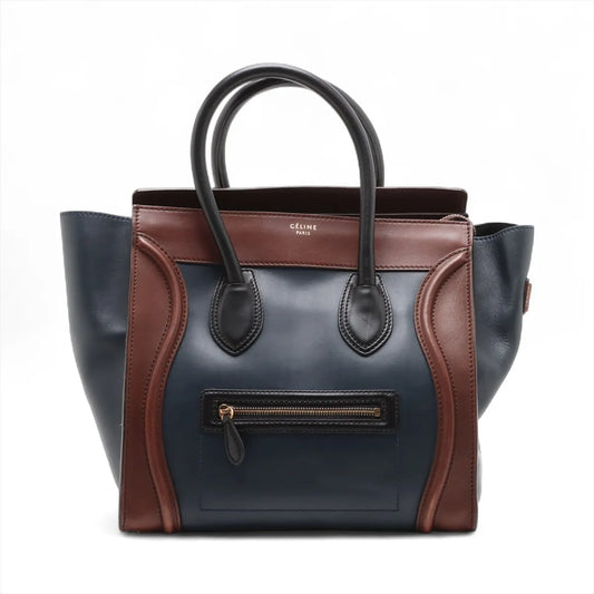 Celine Luggage Mini Shopper Leather Handbag Navy x Brown
