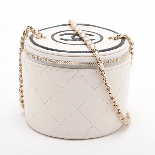 Chanel CC Logo Mini Matelasse Lambskin Chain Round Shoulder Bag White