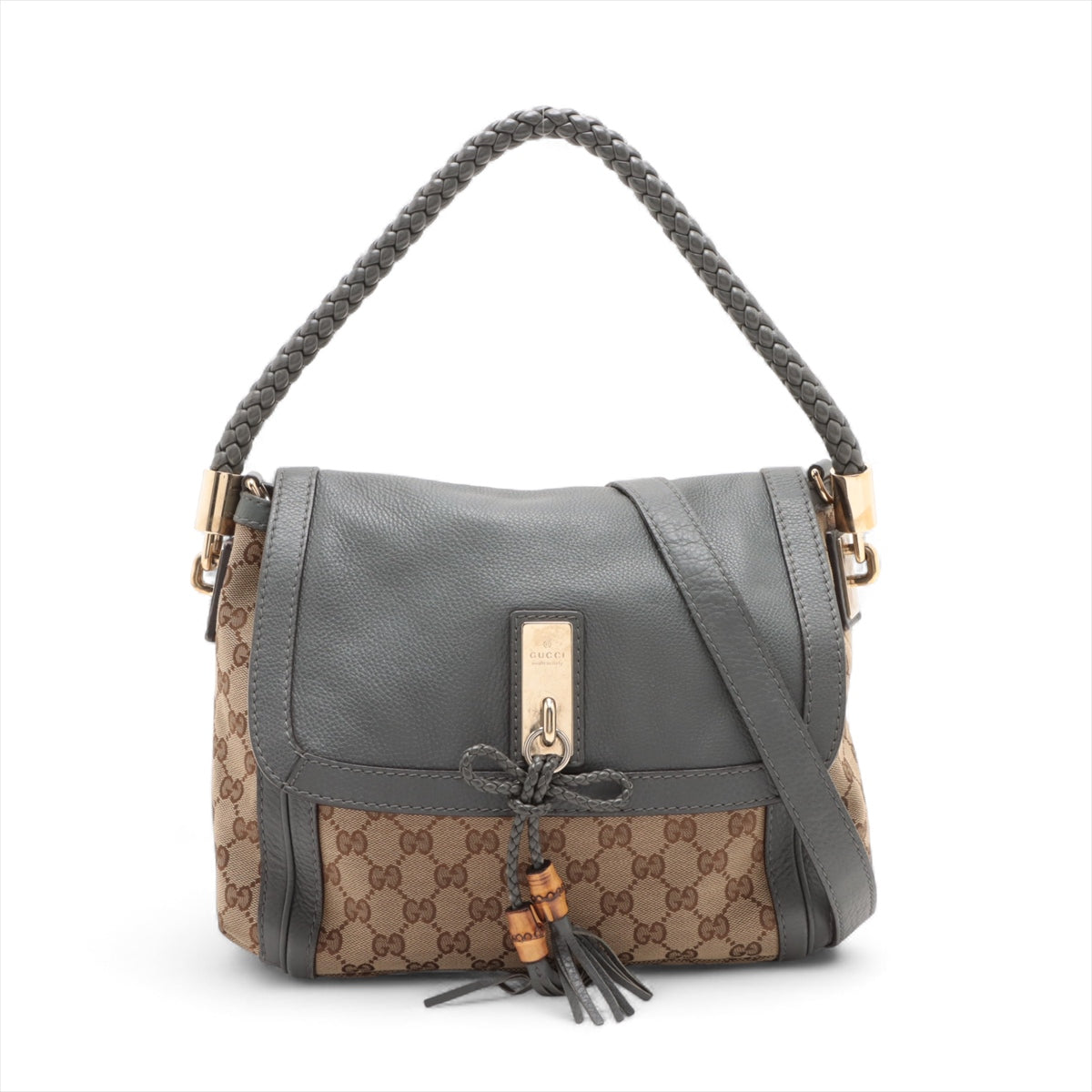 Gucci GG Logo Tassel Leather Two-Way Shoulder Bag Brown x Gray