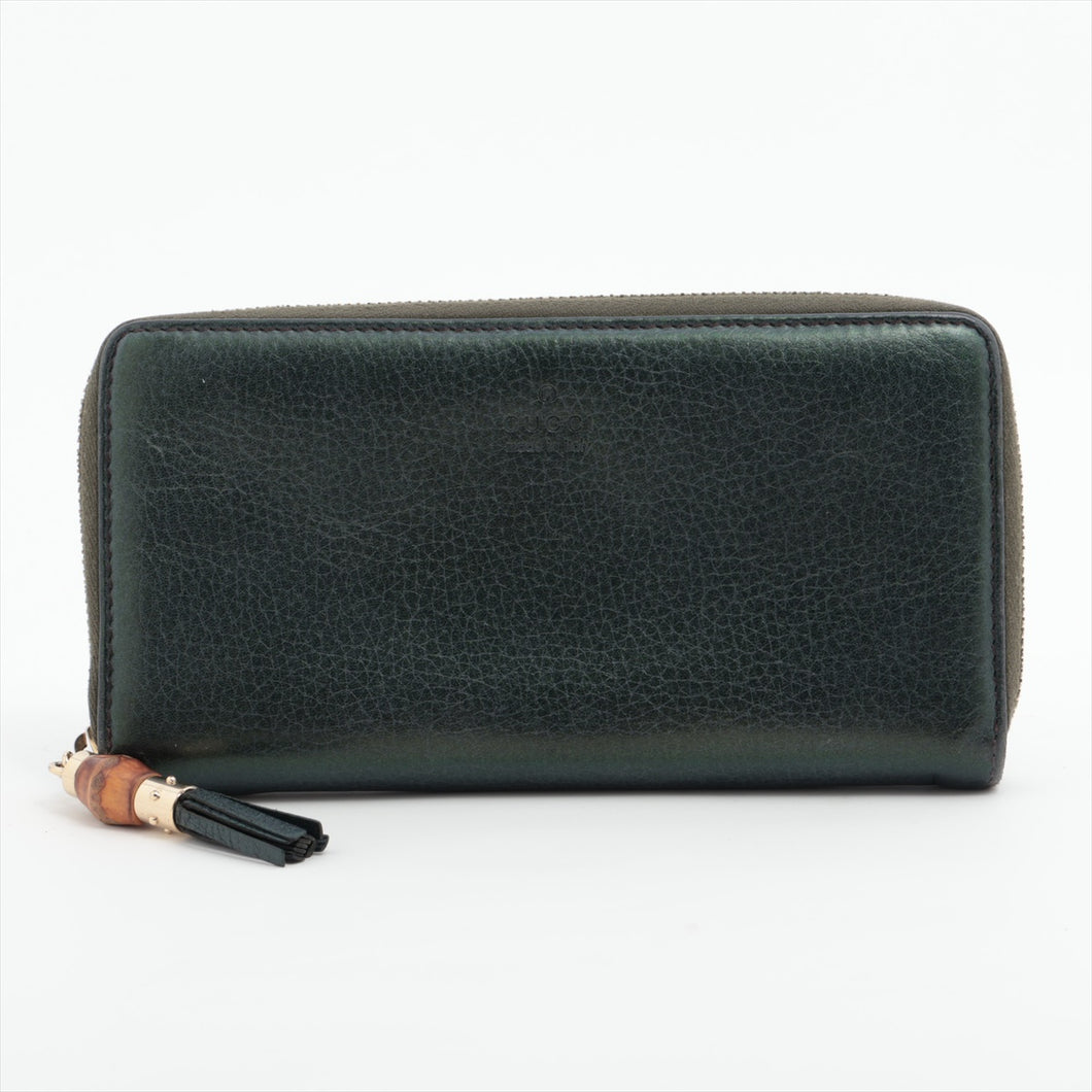 Gucci Bamboo Tassel  Leather Zip Round Wallet  Metallic Green