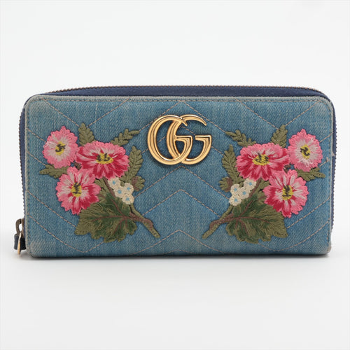 Gucci GG Marmont Floral Denim Leather Zippy Wallet Blue