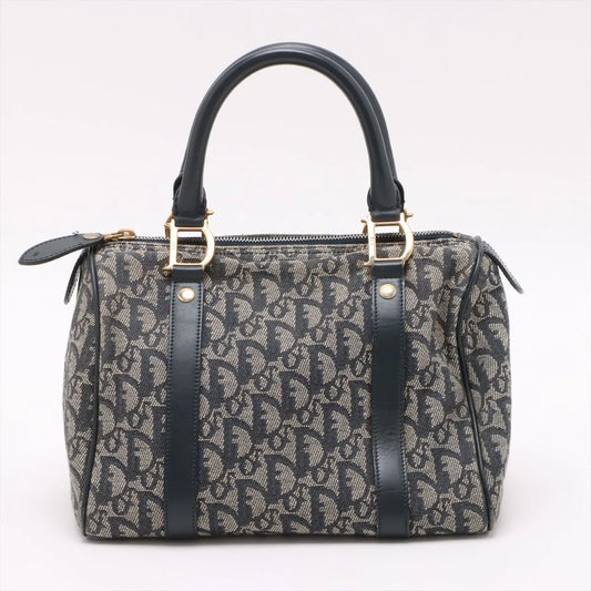 Christian Dior Trotter Canvas Leather Handbag Gray x Navy