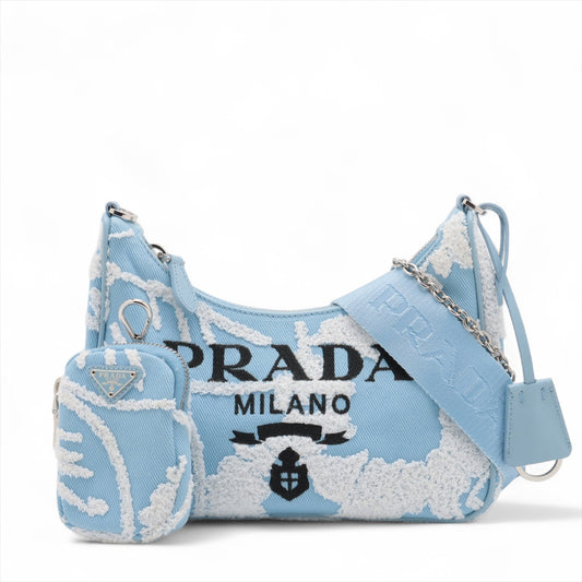 Prada Embroidered Floral Re-edition Canvas Shoulder Bag Blue *  PREORDER *