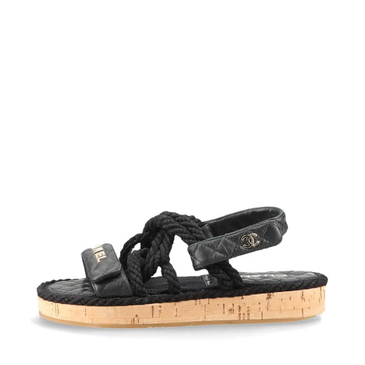 Chanel Logo Matelasse Leather Strap Sandal Black