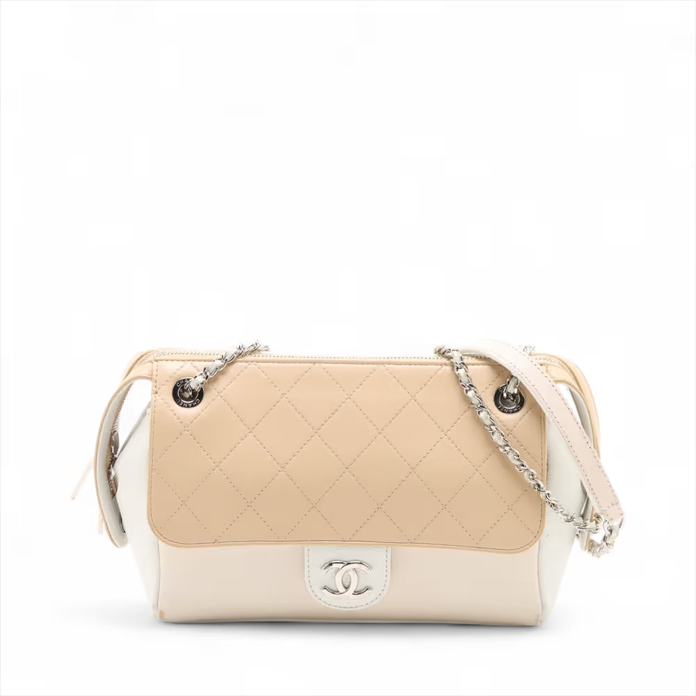 Chanel CC Logo Matelasse Caviar Skin Chain Shoulder Bag Beige x White