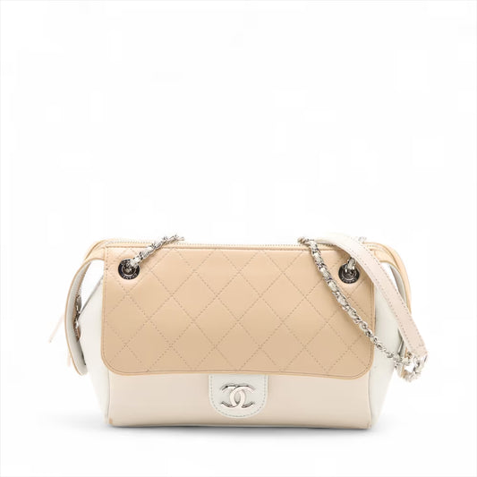 Chanel CC Logo Matelasse Caviar Skin Chain Shoulder Bag Beige x White