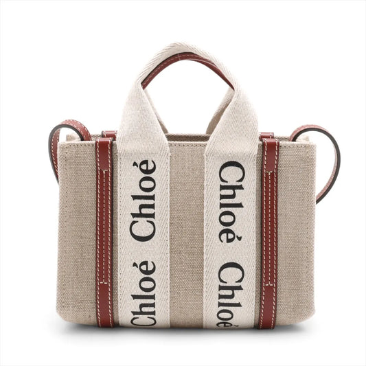 Chloe Woody Nano Canvas Leather Two-Way Handbag Beige×Brown