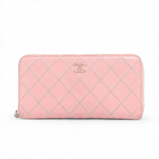 Chanel Wild Stitch Leather Zippy Long Wallet Pink