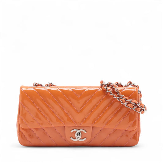 Chanel CC Logo Chevron Patent Leather Single Flap Double Chain Bag Salmon x Pink