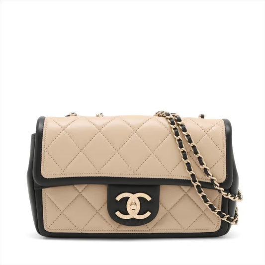 Chanel CC Logo Matelasse Lambskin Single Flap Double Chain Bag Beige x Black