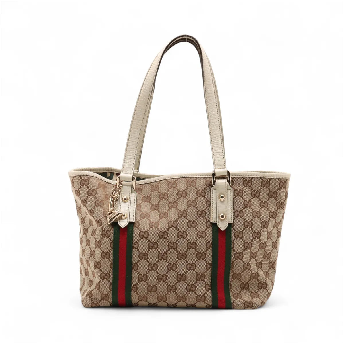 Gucci GG Logo Canvas Leather Tote Bag Beige x White