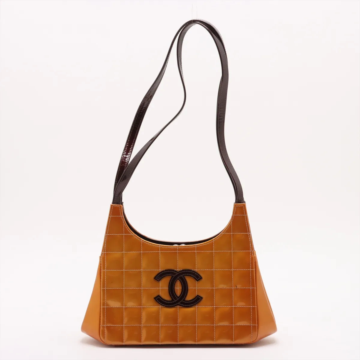 Chanel CC Logo Chocolate Bar Patent Leather Shoulder Bag Gold x Brown