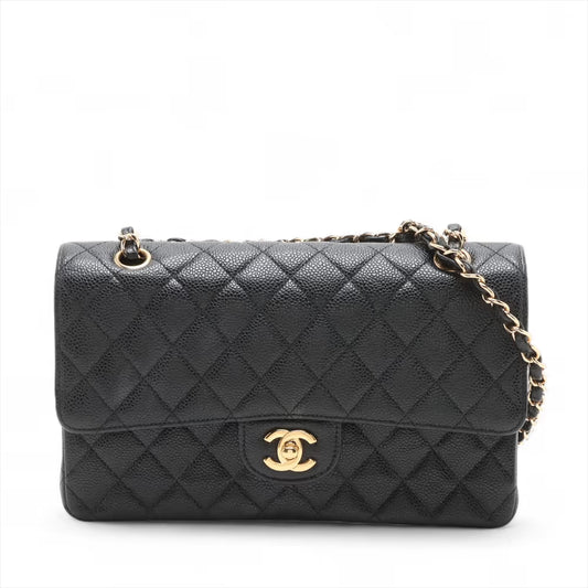 Chanel CC Logo Matelasse 25 Caviar Skin Double Flap Double Chain Bag Black