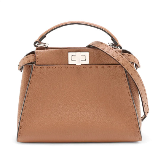 Fendi Selleria Mini Peekaboo Leather Two-Way Handbag Brown