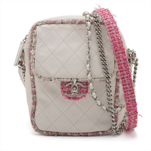 Chanel Elegant Lambskin Tweed Chain Camera Bag White x Pink
