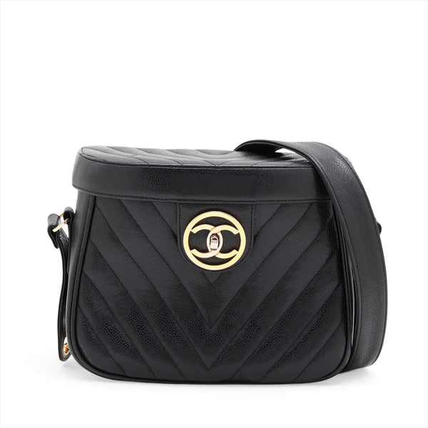 Chanel Chevron Caviar Skin Chain Vanity Shoulder Bag Black