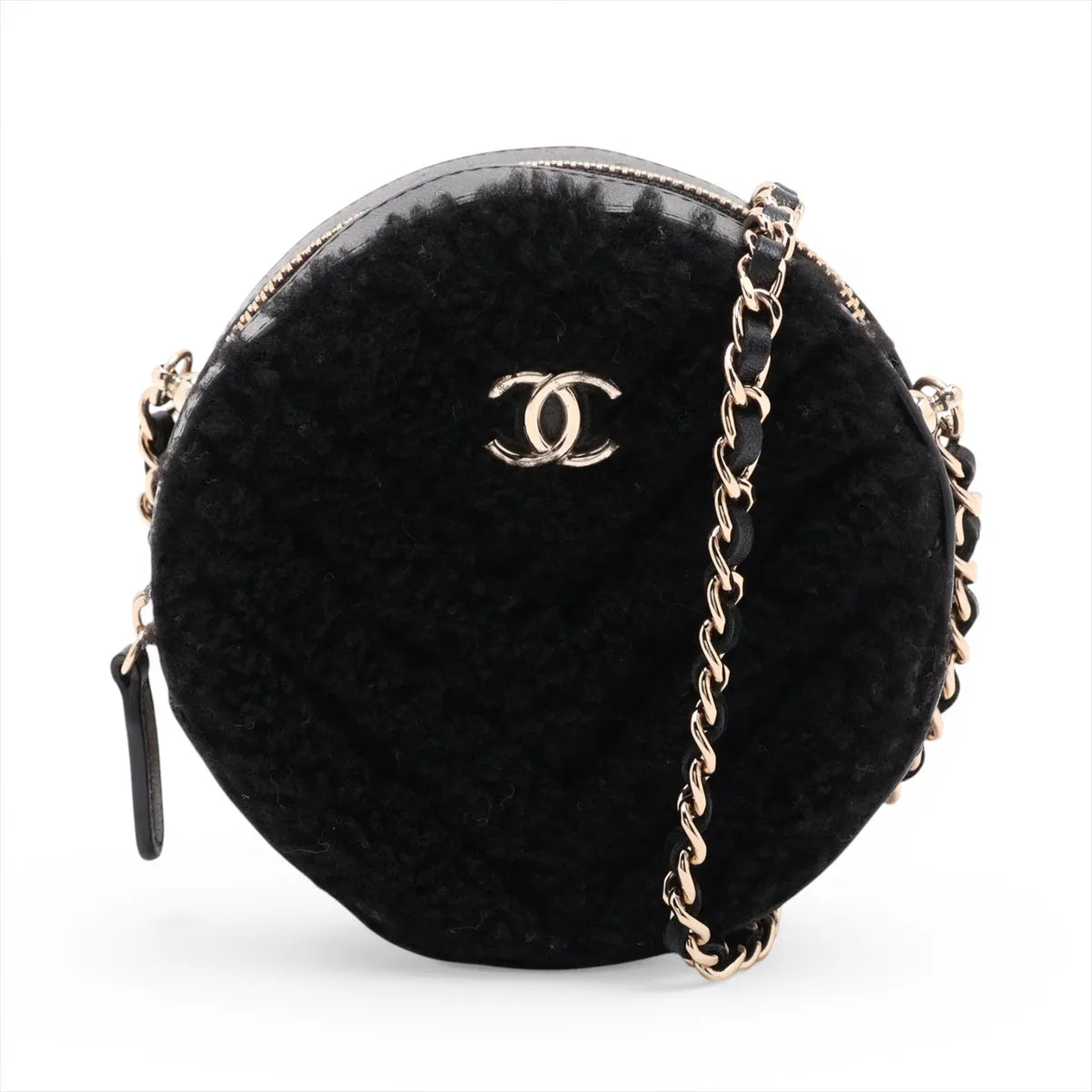Chanel CC Round Chevron Boa x Lambskin Chain Shoulder Bag Black
