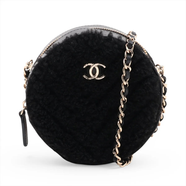 Chanel CC Round Chevron Boa x Lambskin Chain Shoulder Bag Black