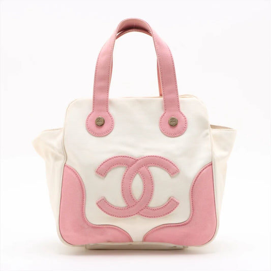 Chanel CC Logo Canvas Leather Handbag White x Pink