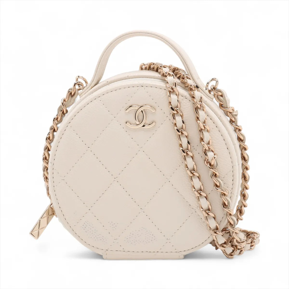 Chanel CC Logo Matelasse Caviar Skin Two-Way Round Shoulder Bag White
