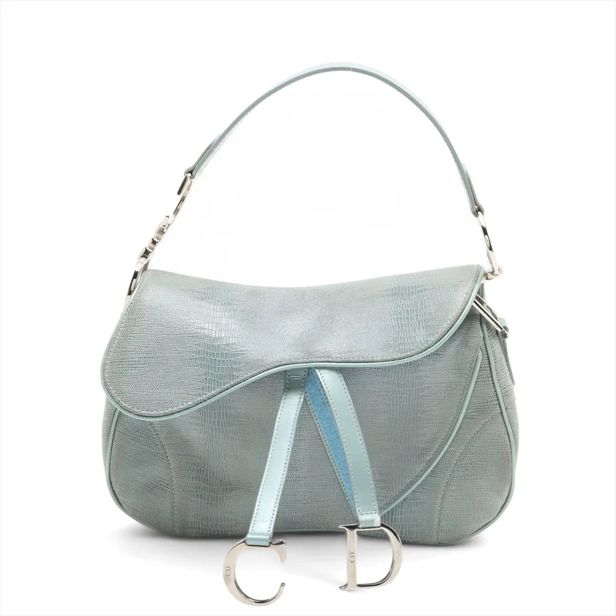 Christian Dior Double Saddle Lizard Embossing Leather Shoulder Bag Blue