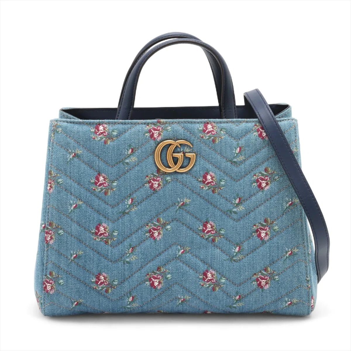 Gucci GG Marmont Chevron Floral Denim x Leather Two-Way Shoulder Bag