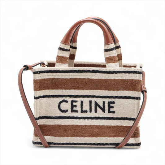 Celine Striped Canvas Leather Two-Way Handbag Brown