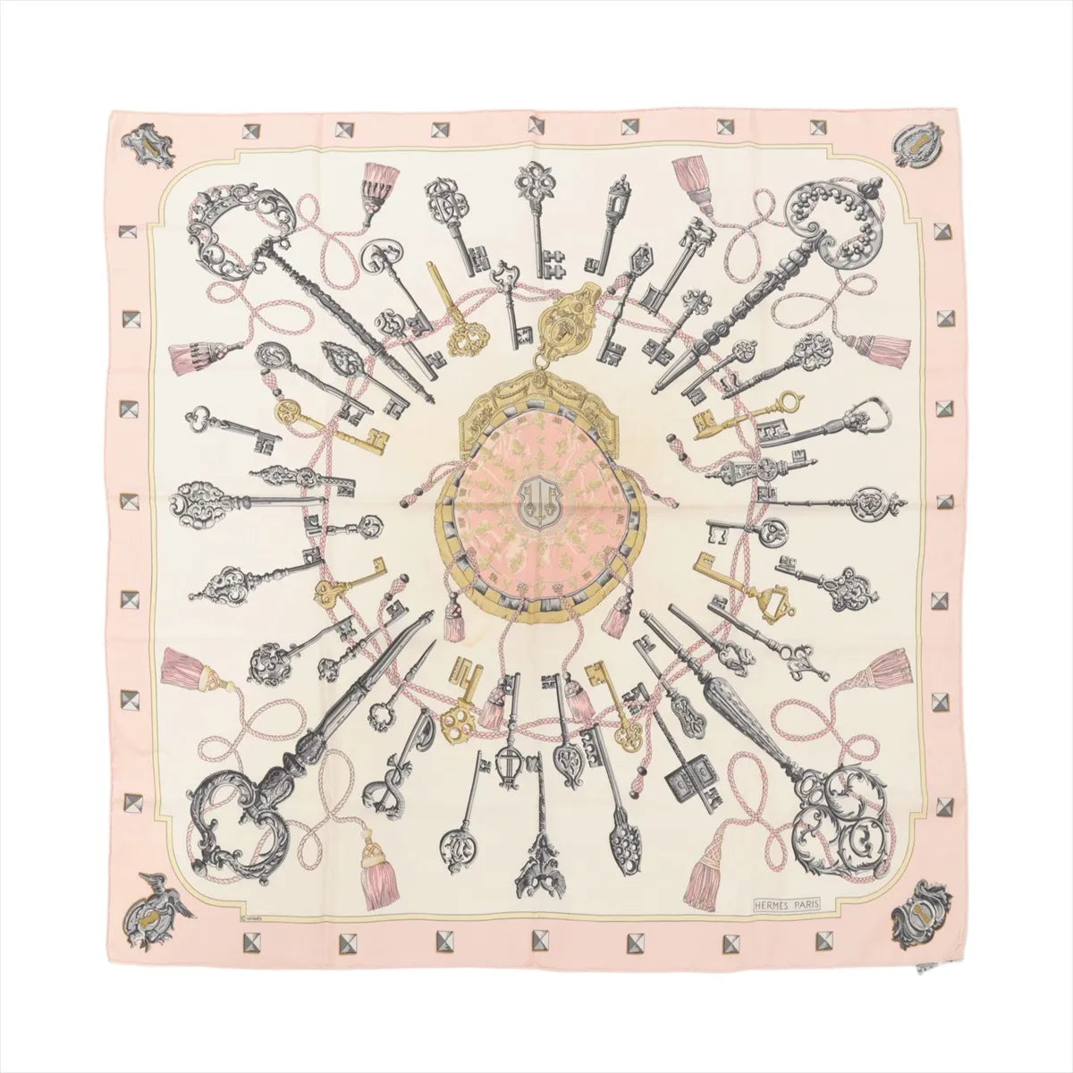 Hermes Carre 90 Les Cles Keys Silk Scarf Pink
