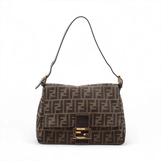 Fendi Zucca Mamma Baguette Canvas Leather Shoulder Bag Brown