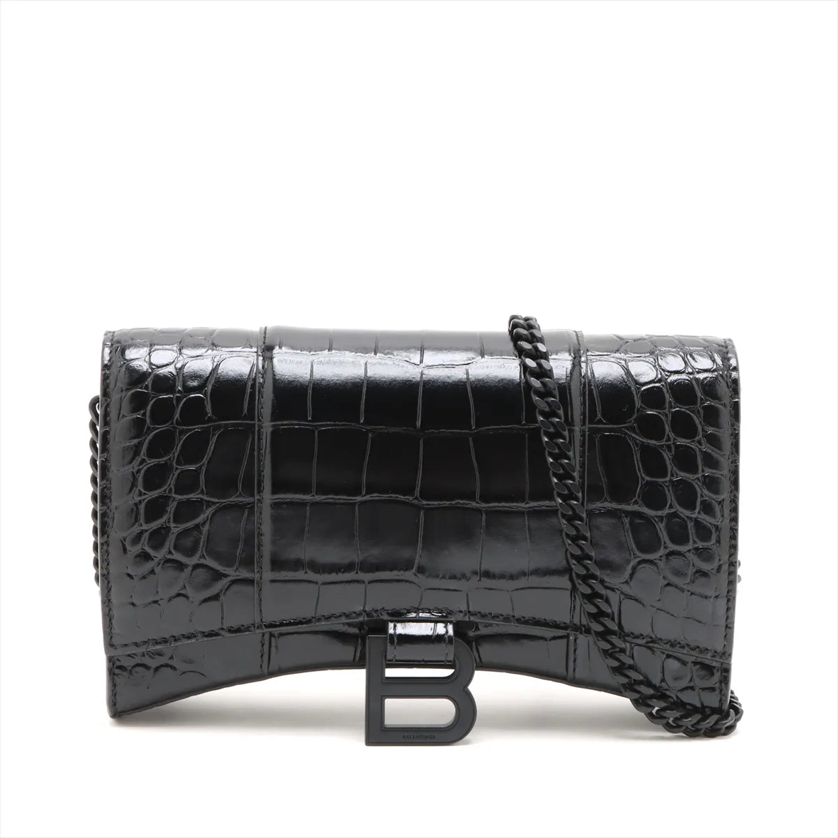 Balenciaga Hourglass Crocodile Wallet on Chain Black