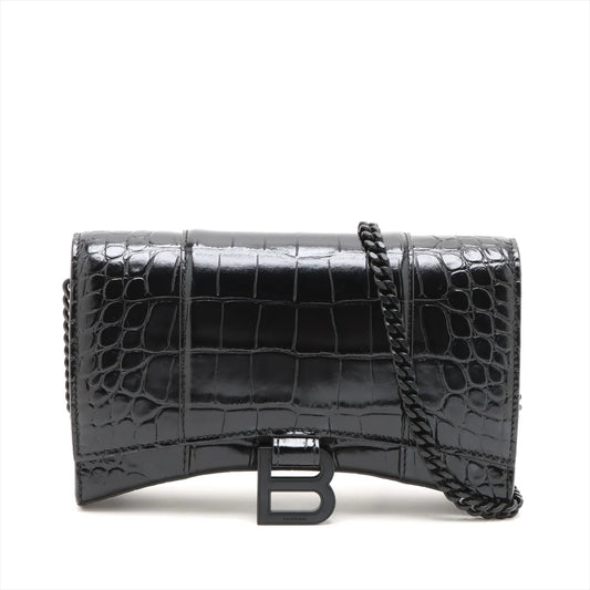 Balenciaga Hourglass Crocodile Wallet on Chain Black