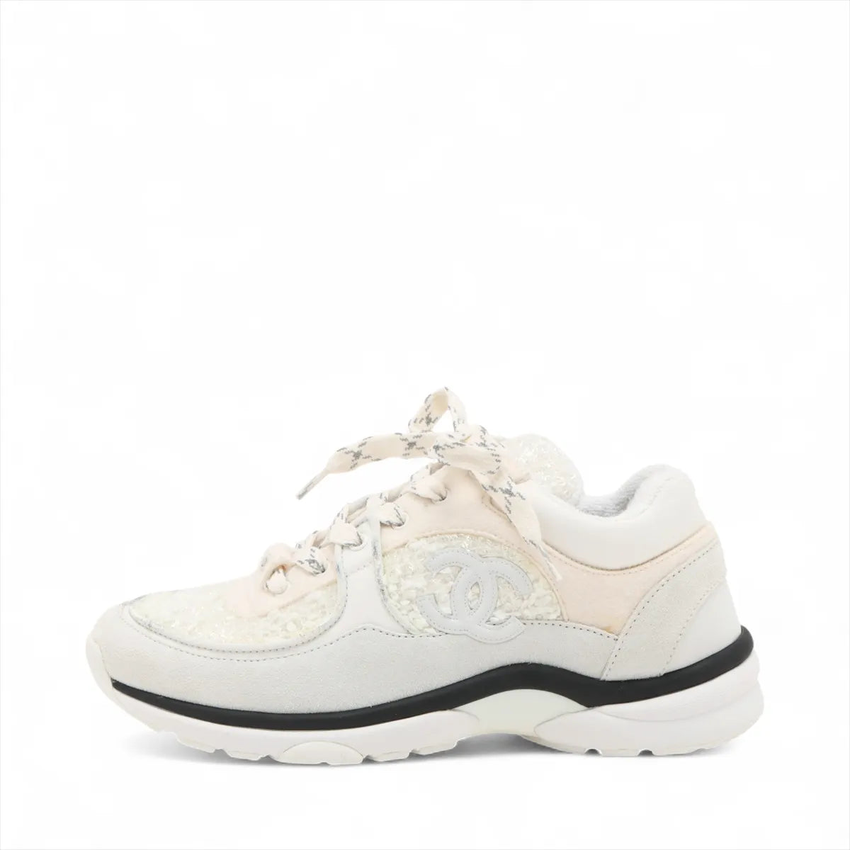 Chanel CC Logo Suede x Fabric Sneakers Ivory x White