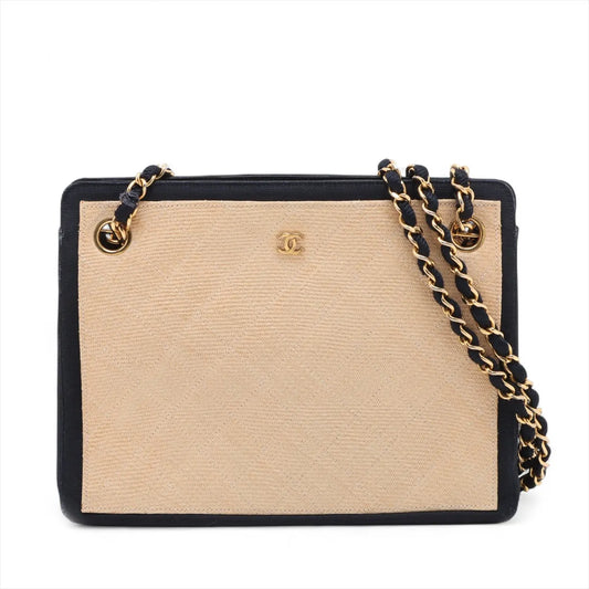 Chanel CC Logo Matelasse Straws x Nylon Chain Tote Bag Beige