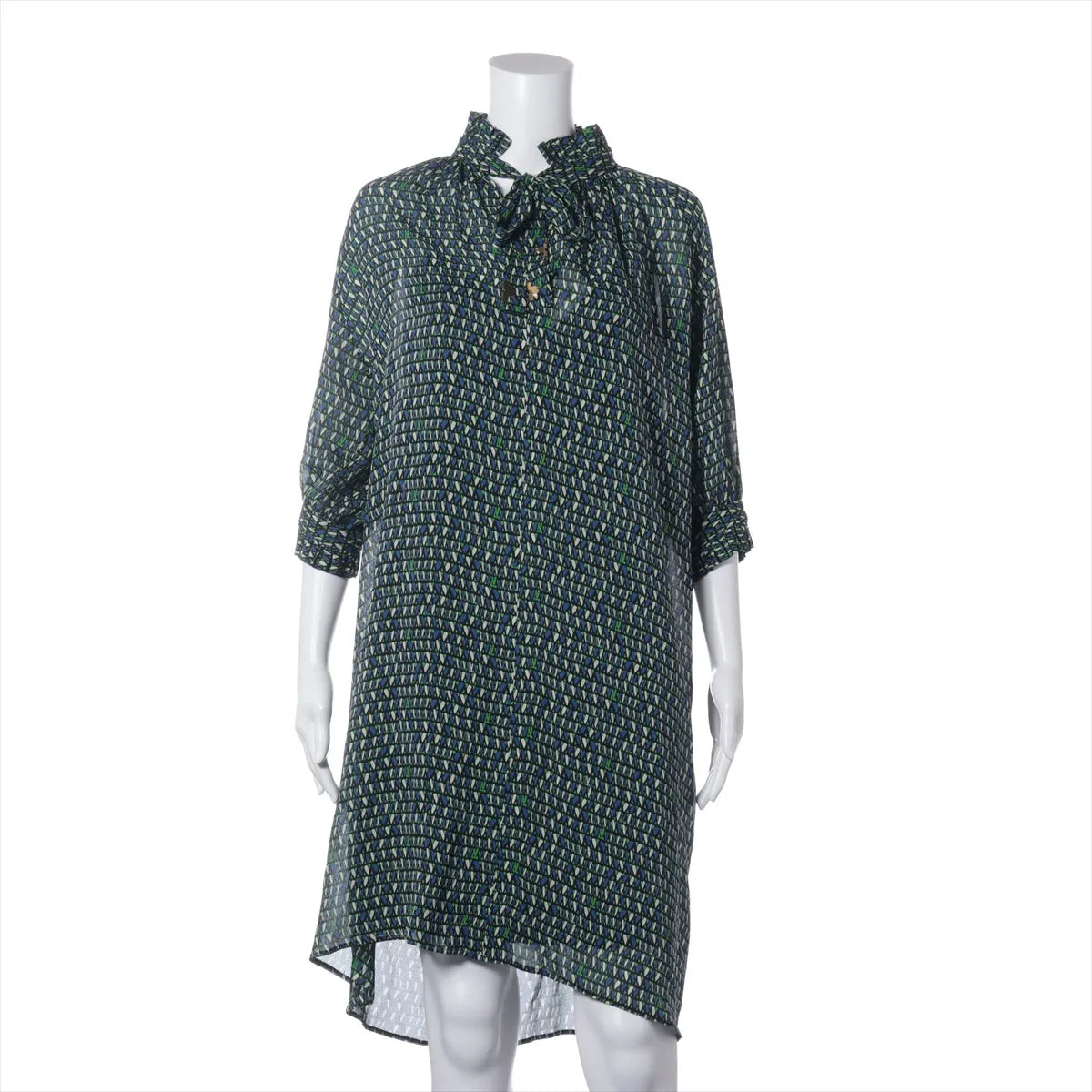 Louis Vuitton Silk Long Sleeve Dress Green x Blue