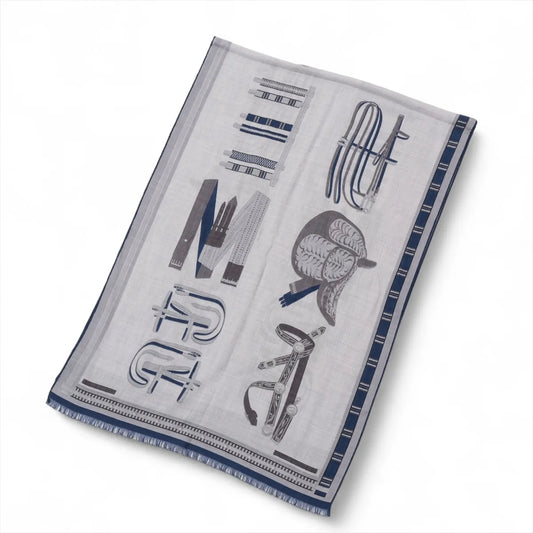 Hermès Lettres Equestres Rettle Echestle Cashmere Silk Scarf Navy x Gray