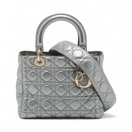 Christian Dior Lady Dior Cannage Leather Two-Way Shoulder Silver