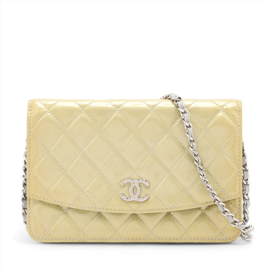 Best Chanel CC Logo Matelasse Patent Leather Chain Wallet Yellow