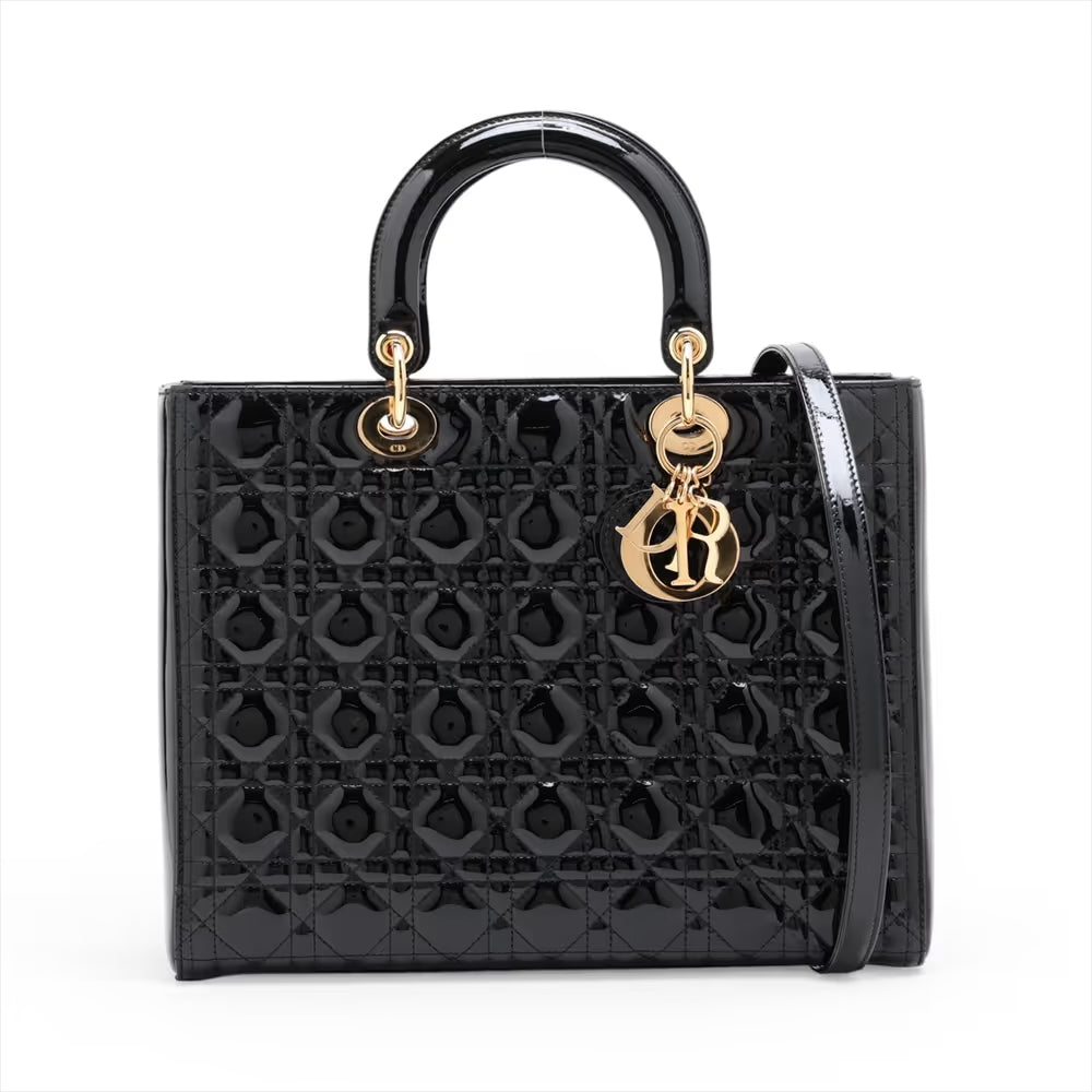Christian Dior Cannage Lady Dior Large Patent Leather Two-Way Shoulder Bag Black