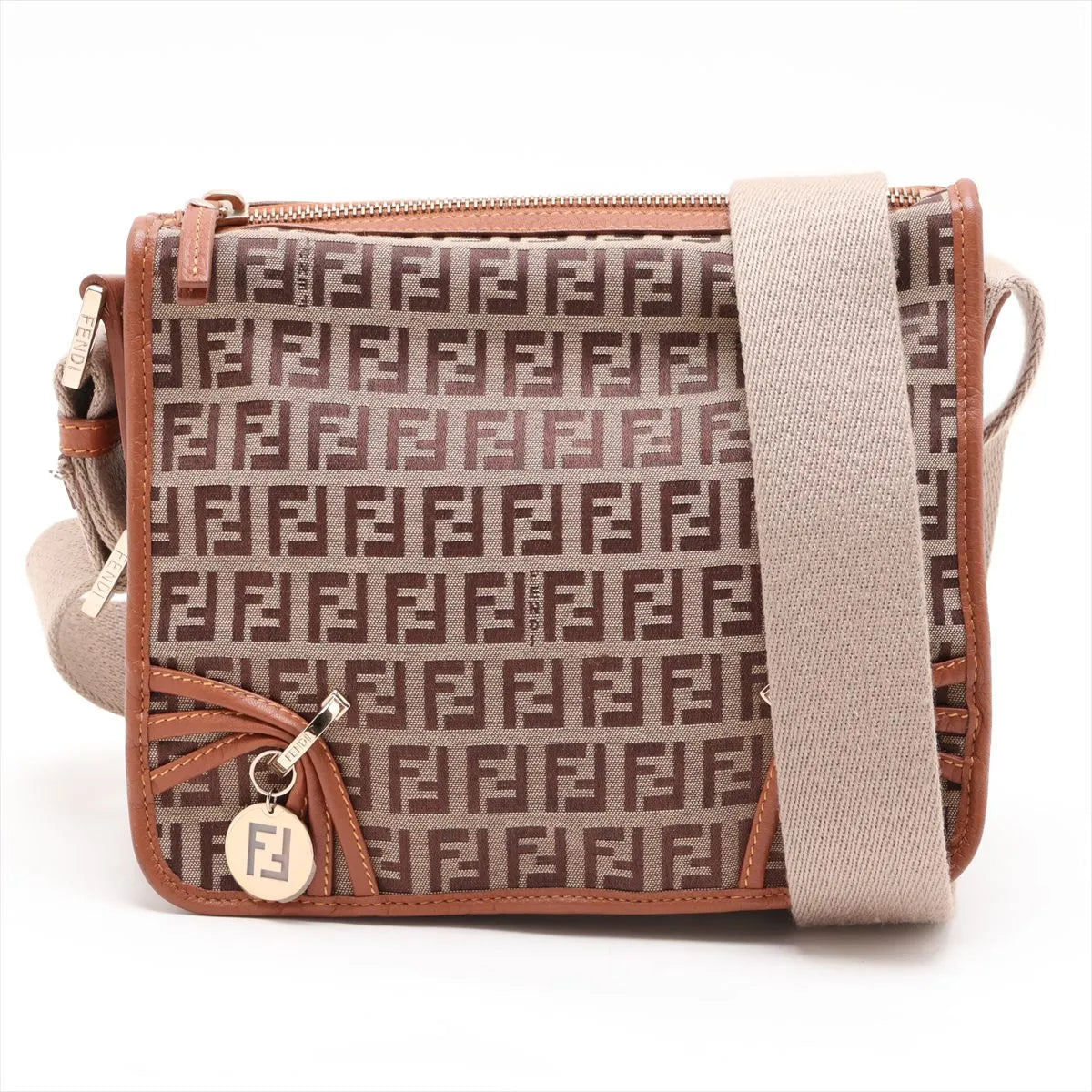 Fendi Zucchino Canvas Leather Shoulder Bag Beige×Brown