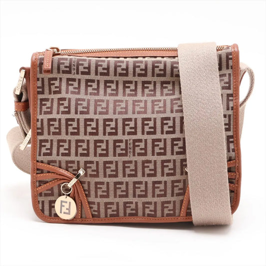 Fendi Zucchino Canvas Leather Shoulder Bag Beige×Brown