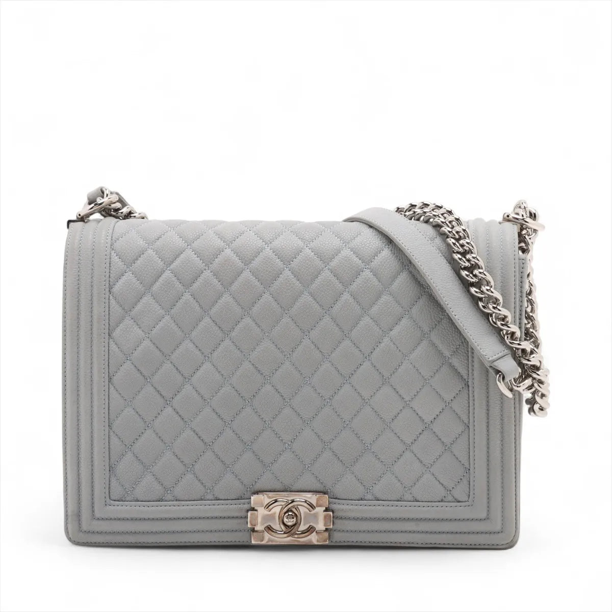 Chanel Boy Large Caviar Skin Chain Shoulder Bag Blue Gray