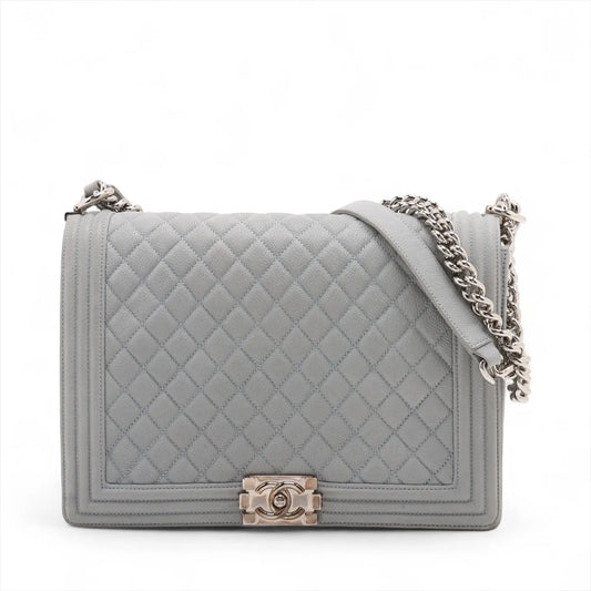 Chanel Boy Large Caviar Skin Chain Shoulder Bag Blue Gray
