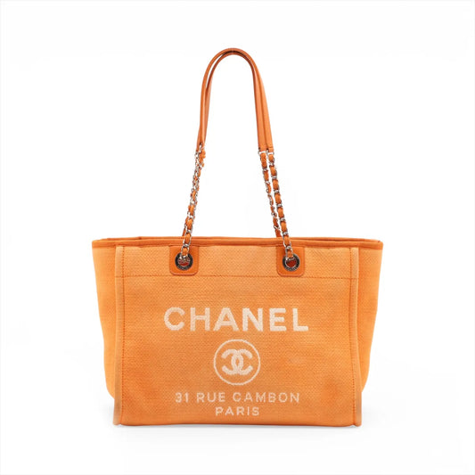 Chanel Deauville MM Canvas Leather Chain Tote Bag Orange