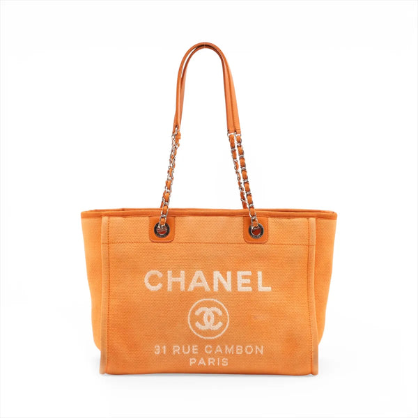 Chanel Deauville MM Canvas Leather Chain Tote Bag Orange