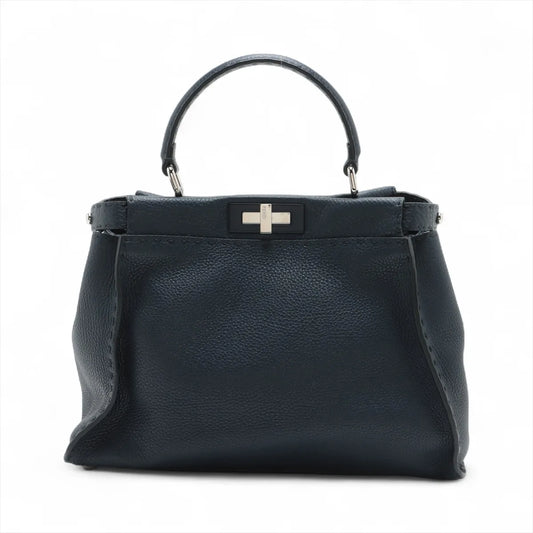 Fendi Peekaboo Regular Selleria Leather Handbag Navy Blue