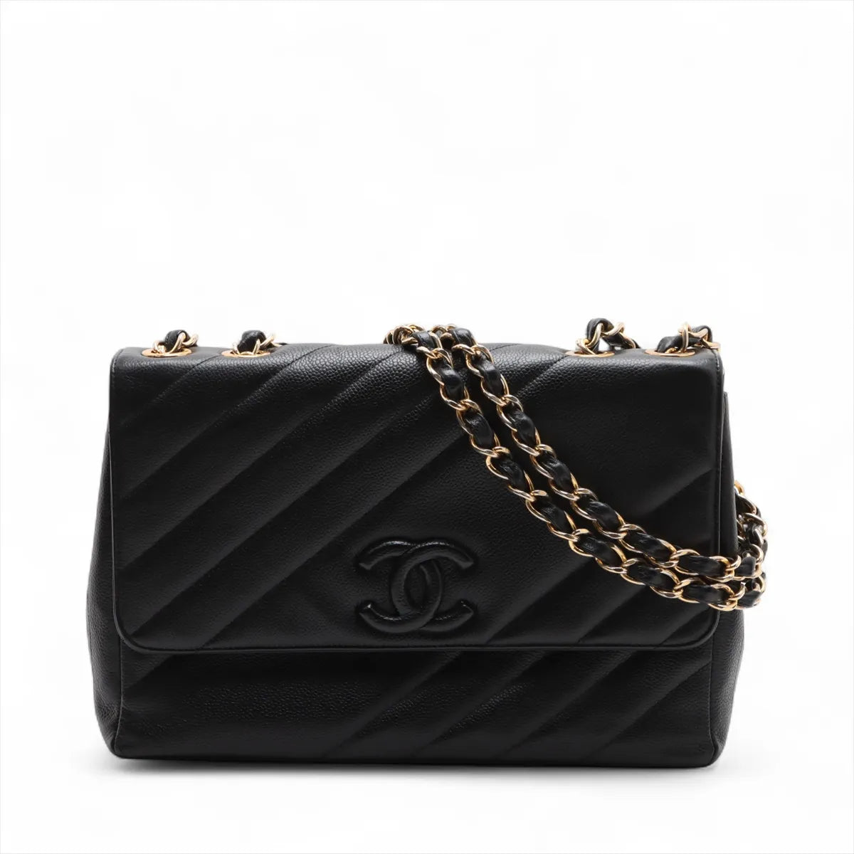 Chanel CC Logo Caviar Skin Single Flap Double Chain Bag Black